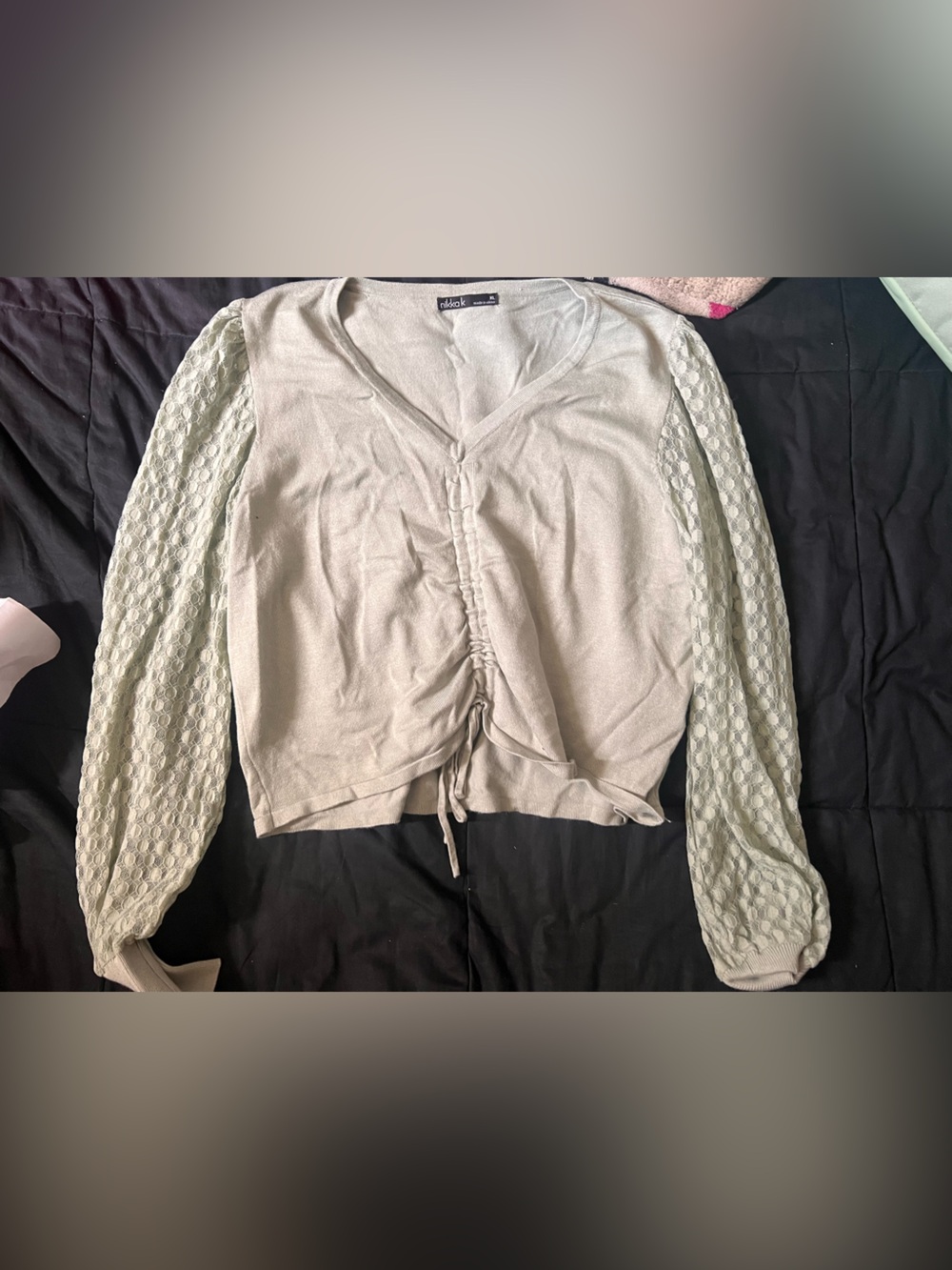 wild fable Light Sage Ruched V-Neck Knit Top with Textured Sleeves
